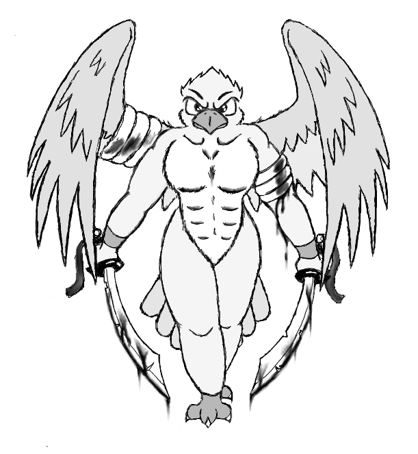 anthro avian bandage beak bird black_and_white blood claws dripping looking_at_viewer male monochrome muscles plain_background ribbons saber solo tail_feathers tailfeathers warrior white_background wings wounded