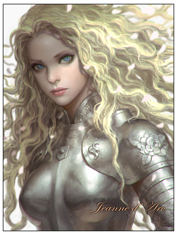 armor bad_id bad_pixiv_id blonde_hair blue_eyes breastplate character_name eyebrows eyelashes jeanne_d'arc kilart lips long_hair looking_at_viewer nose petals real_life realistic solo upper_body wavy_hair
