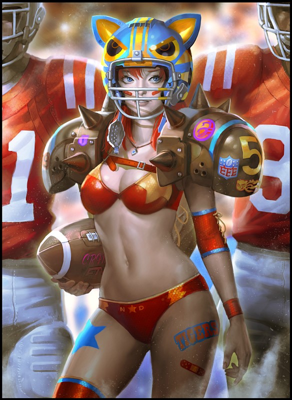 2boys animal_ears animal_helmet bad_id bad_pixiv_id bandaid bandaid_on_leg bikini black_legwear blue_eyes brand_name_imitation breasts cleavage fake_animal_ears football football_(object) football_helmet hand_on_hip helmet jewelry kilart lips medium_breasts multiple_boys national_football_league navel necklace orange_hair original parted_lips shoulder_pads side-tie_bikini smile solo_focus spikes strap_gap swimsuit thighhighs wet wristband