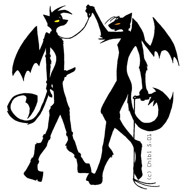 canine demon duo erection female fox leash male mammal penis pico plain_background whip wings