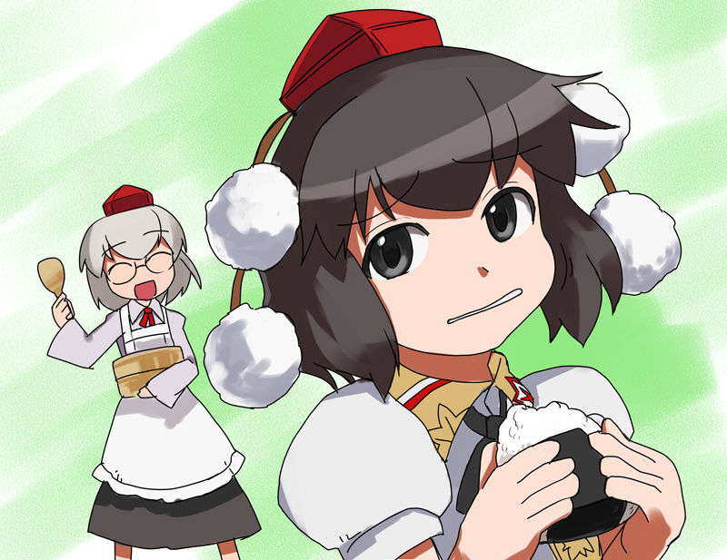 apron bespectacled cooking food glasses hat hirosato inubashiri_momiji multiple_girls onigiri shameimaru_aya tokin_hat touhou