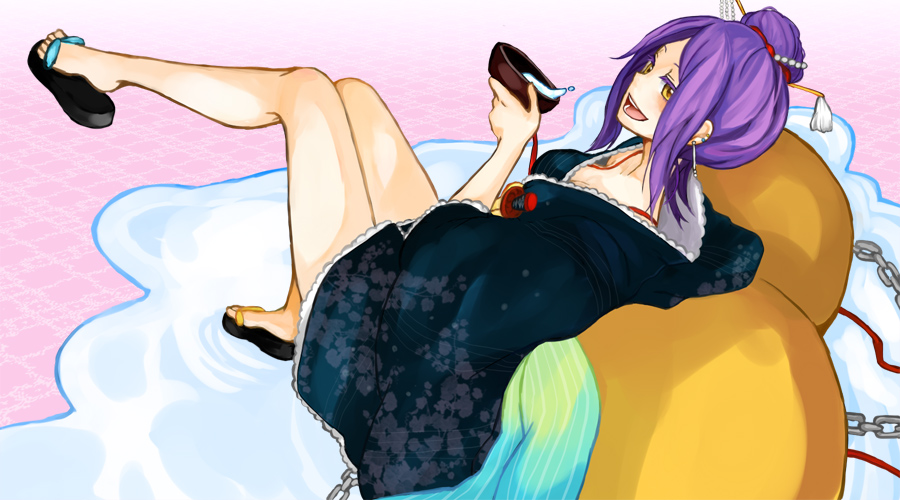 alcohol bad_id bad_pixiv_id blush cup ear_piercing earrings gourd japanese_clothes jewelry kimono leaning_back leg_lift legs open_mouth original oversized_object piercing puddle purple_hair sake sandals sitting solo tama_(songe) yellow_eyes