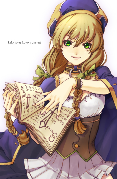 blonde_hair book braid cape green_eyes long_hair natsume_k original ribbon skirt smile solo