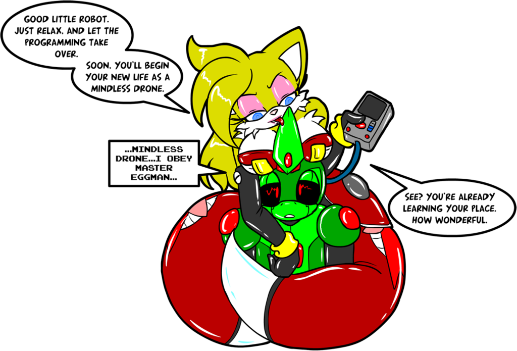 bigger_version_at_the_source breasts canine chaoscroc cleavage clothed clothing comic crossgender female flirty fox kissing leather licking lipstick machine makeup mammal mechanical miles_prower mind_control robot rubber sega sonic_(series) tongue