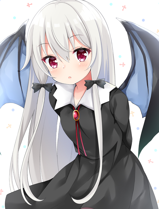 1girl :o arms_behind_back bangs bat_wings black_dress blue_wings blush collared_dress commentary_request dress eyebrows_visible_through_hair hair_between_eyes hair_ornament leaning_forward long_hair looking_at_viewer maccha parted_lips red_eyes silver_hair solo sophie_twilight tonari_no_kyuuketsuki-san very_long_hair white_background wings