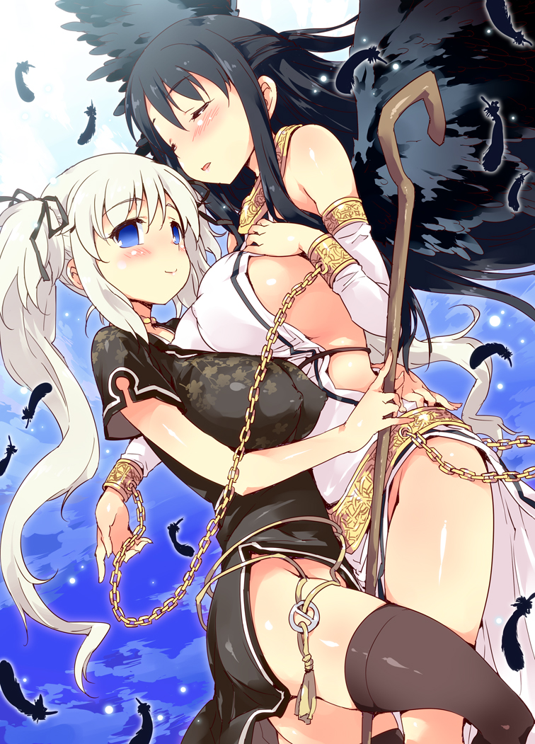 angel_wings asymmetrical_docking bare_shoulders black_dress black_hair black_legwear black_wings blue_eyes blush bracelet breast_press breast_rest breasts chain china_dress chinese_clothes closed_eyes covered_nipples dress feathered_wings feathers half_updo hug huge_breasts impossible_clothes jewelry large_breasts long_hair mabinogi morrighan multiple_girls nao_(mabinogi) no_panties petenshi_(dr._vermilion) side_slit sideboob silver_hair smile staff thighhighs thighs twintails white_hair wings