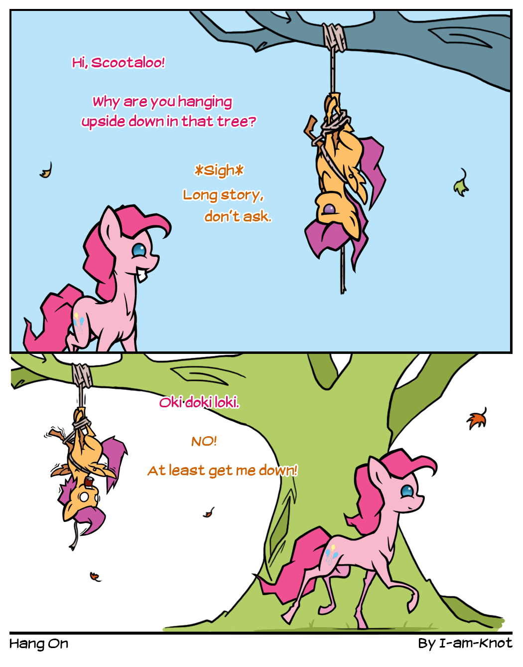 cub cutie_mark english_text equine female feral friendship_is_magic fur hair horse humor i-am-knot leafs long_hair mammal my_little_pony open_mouth orange_fur pegasus pink_fur pink_hair pinkie_pie_(mlp) pony purple_eyes purple_hair rope scootaloo_(mlp) smile text tree upside_down wings young