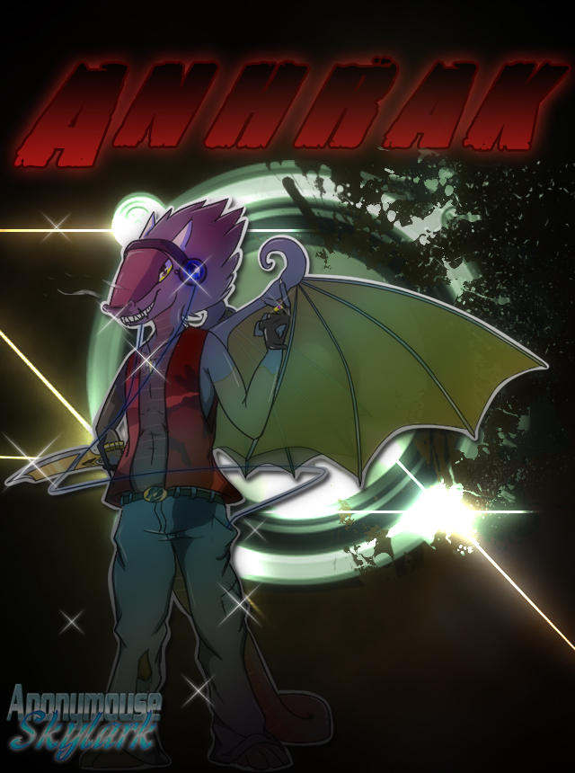 anonymouse_skylark clothing dragon fingerless_gloves gloves hand_on_hip headphones ring sharp_teeth sparkles teeth vest watermark