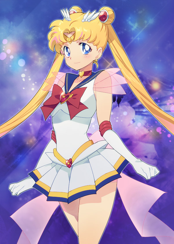 back_bow bishoujo_senshi_sailor_moon blonde_hair blue_eyes blue_sailor_collar bow choker double_bun elbow_gloves gloves heart heart_choker long_hair magical_girl multicolored multicolored_clothes multicolored_skirt red_bow red_choker sailor_collar sailor_moon sailor_senshi_uniform skirt solo super_sailor_moon taki_(nakochan) tiara tsukino_usagi twintails white_gloves