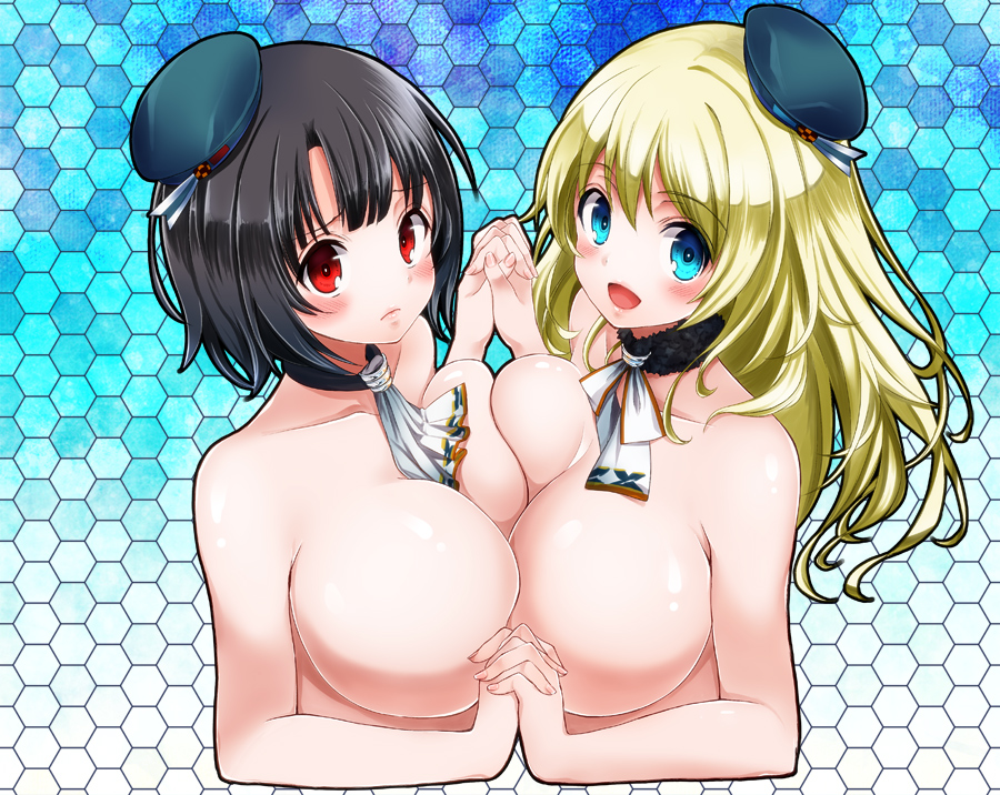 atago_(kantai_collection) black_hair blonde_hair blush breast_press breasts hands_clasped hat honeycomb_(pattern) honeycomb_background kantai_collection large_breasts long_hair looking_at_viewer multiple_girls open_mouth own_hands_together red_eyes short_hair sis symmetrical_docking takao_(kantai_collection)
