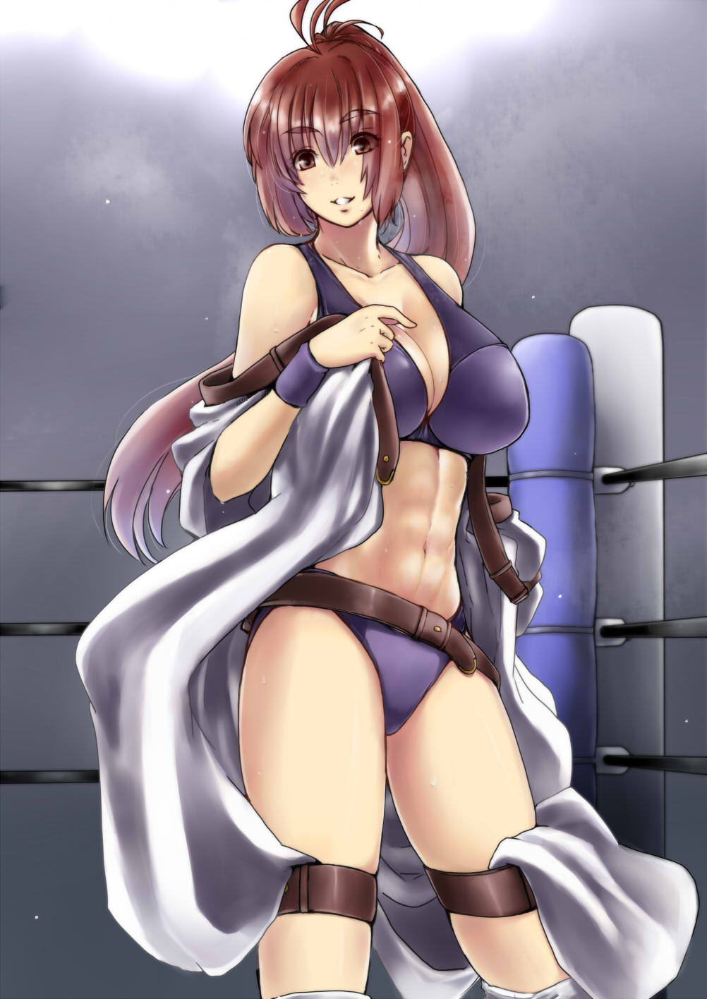 abs belt boots breasts brown_hair highres jacket large_breasts light long_hair nagahara_chizuru ponytail solo sports_bikini sweat thigh_strap tobisawa wrestle_angels wrestle_angels_survivor wrestling_outfit wrestling_ring