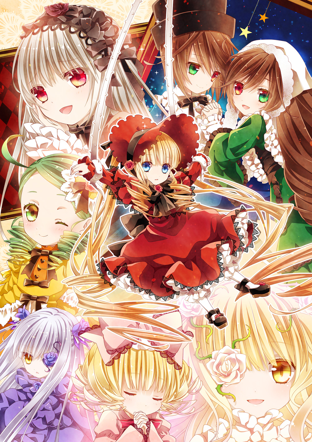 :d ;) barasuishou blonde_hair blue_dress blue_eyes blue_flower blue_rose bonnet bow brown_hair closed_eyes dress drill_hair entangled eyepatch flower gothic_lolita green_dress green_eyes green_hair hair_bobbles hair_ornament hairband hands_clasped hat heterochromia highres hina_ichigo holding_hands interlocked_fingers juliet_sleeves kanaria kirakishou lolita_fashion lolita_hairband long_hair long_sleeves looking_at_viewer looking_back moru multiple_girls one_eye_closed open_mouth outstretched_arms own_hands_together pink_bow pink_dress plant puffy_sleeves purple_dress red_dress red_eyes red_flower red_rose restrained rose rozen_maiden rozen_maiden_traumend shinku siblings silver_hair sisters smile souseiseki star suigintou suiseiseki twins twintails very_long_hair vines white_flower white_rose wide_sleeves yellow_dress yellow_eyes