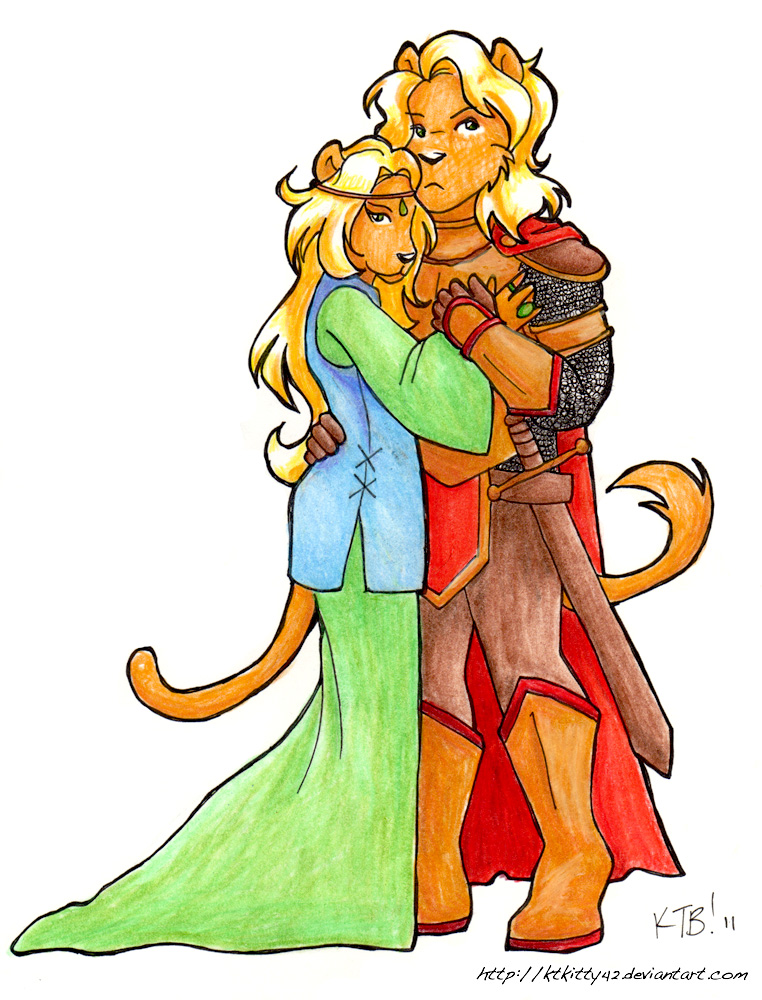 armor blonde_hair boots cersei_lannister clothing duo feline female fur game_of_thrones green_eyes grown hair incest jaime_lannister ktkitty42 lion male mammal pants plain_background ring sibling species_swap sword tiara weapon white_background yellow_fur