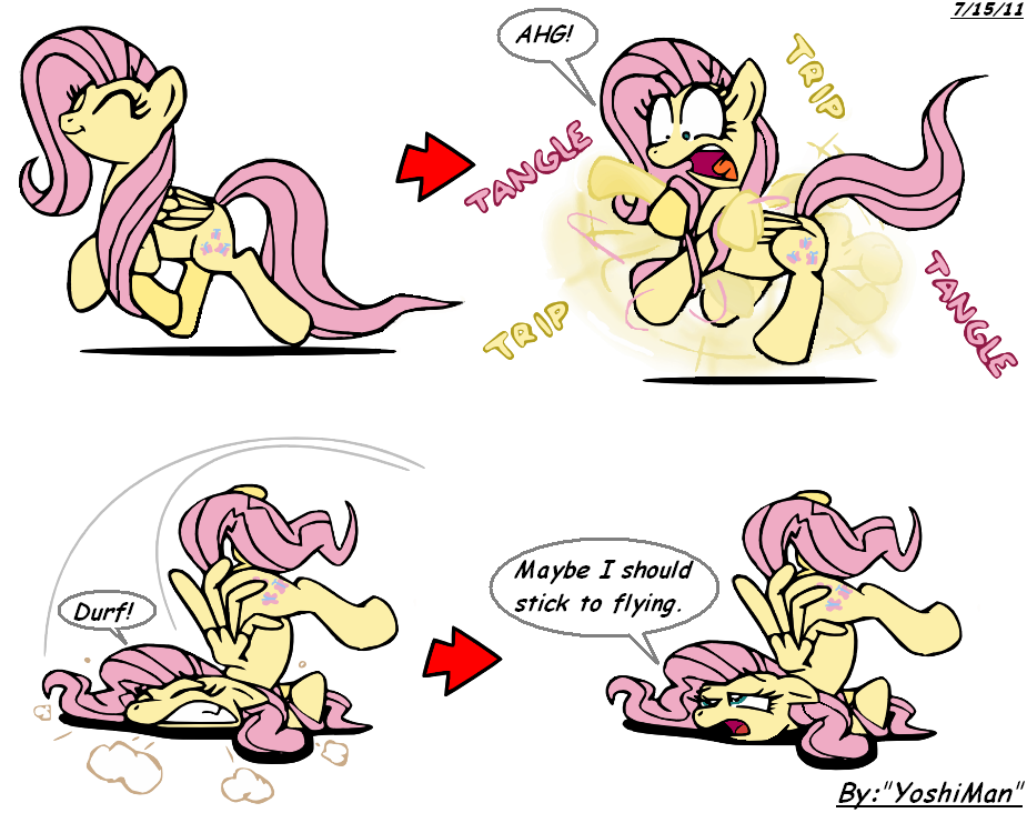 arrow cutie_mark dialog directional_arrow english_text equine female feral fluttershy_(mlp) friendship_is_magic fur green_eyes hair horse long_hair mammal my_little_pony open_mouth pegasus pink_hair plain_background pony smile solo text tongue trip waling white_background wings yellow_fur yoshiman1118