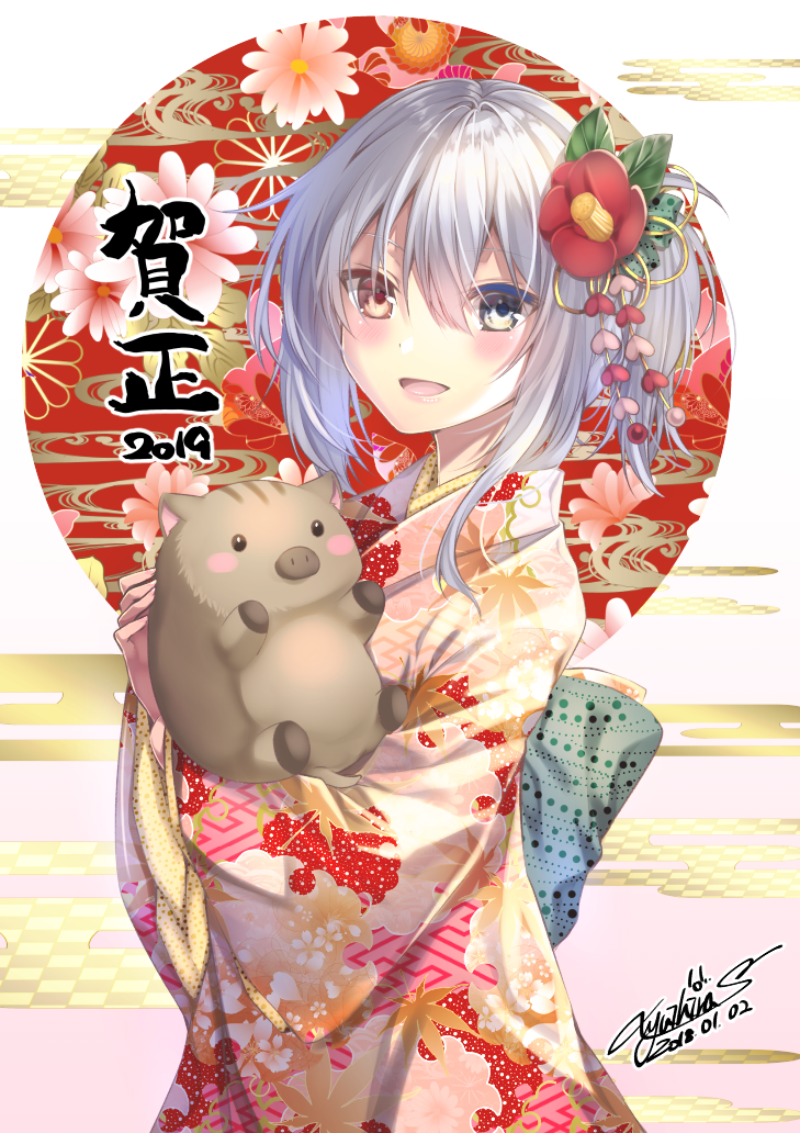 1girl 2019 bangs blush blush_stickers boar brown_eyes chinese_zodiac colored_eyelashes commentary_request dated eyebrows_visible_through_hair flower from_side gradient_eyes hair_between_eyes hair_flower hair_ornament heterochromia holding japanese_clothes kanzashi kimono long_sleeves looking_at_viewer looking_to_the_side medium_hair multicolored multicolored_eyes nengajou new_year obi original pink_flower print_kimono red_flower sash side_ponytail sidelocks signature silver_hair solo year_of_the_pig yuihira_asu