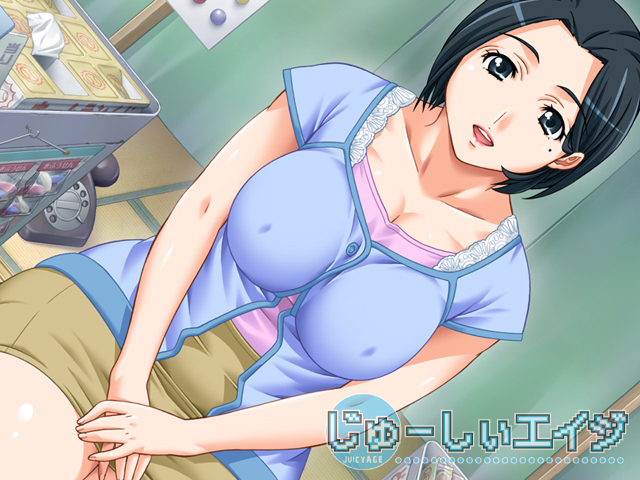 :d black_eyes black_hair breasts brown_skirt collarbone copyright_name covered_nipples dutch_angle hands_together ikeda_harumi juicy_age large_breasts lipstick logo looking_at_viewer makeup mame mole mole_under_eye open_mouth phone rotary_phone seiza short_hair short_sleeves sitting skirt smile solo v_arms