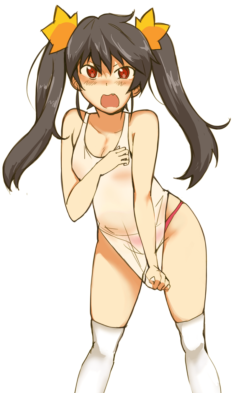 ashley_(warioware) bad_deviantart_id bad_id bikini black_hair blush commentary corn_syrup covering covering_crotch english_commentary fang highres long_hair looking_at_viewer open_mouth red_eyes simple_background skirt skirt_pull solo swimsuit thighhighs twintails warioware white_background white_legwear