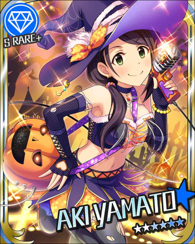 artist_request black_hair card_(medium) character_name choker diamond_(symbol) earrings elbow_gloves gloves halloween hat heart_cutout idolmaster idolmaster_cinderella_girls jack-o'-lantern jewelry looking_at_viewer microphone navel official_art ponytail solo sparkle star star_earrings thighhighs torn_clothes torn_legwear witch_hat yamato_aki