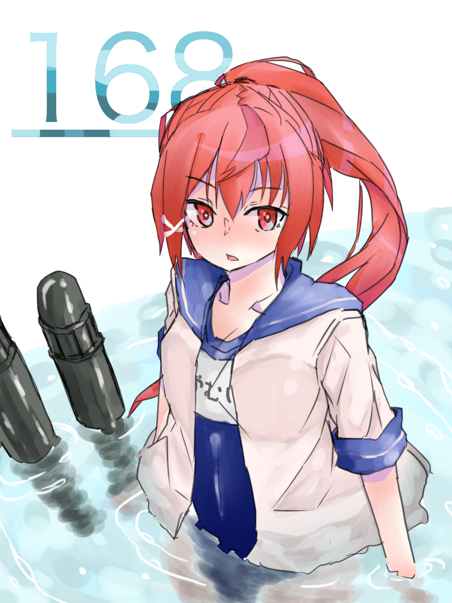 1girl bad_id bad_pixiv_id blush hair_ribbon highres i-168_(kancolle) innertube kantai_collection long_hair looking_at_viewer one-piece_swimsuit open_clothes open_shirt partially_submerged ponytail red_eyes red_hair ribbon school_swimsuit school_uniform serafuku shirt solo suminagashi swim_ring swimsuit swimsuit_under_clothes torpedo water