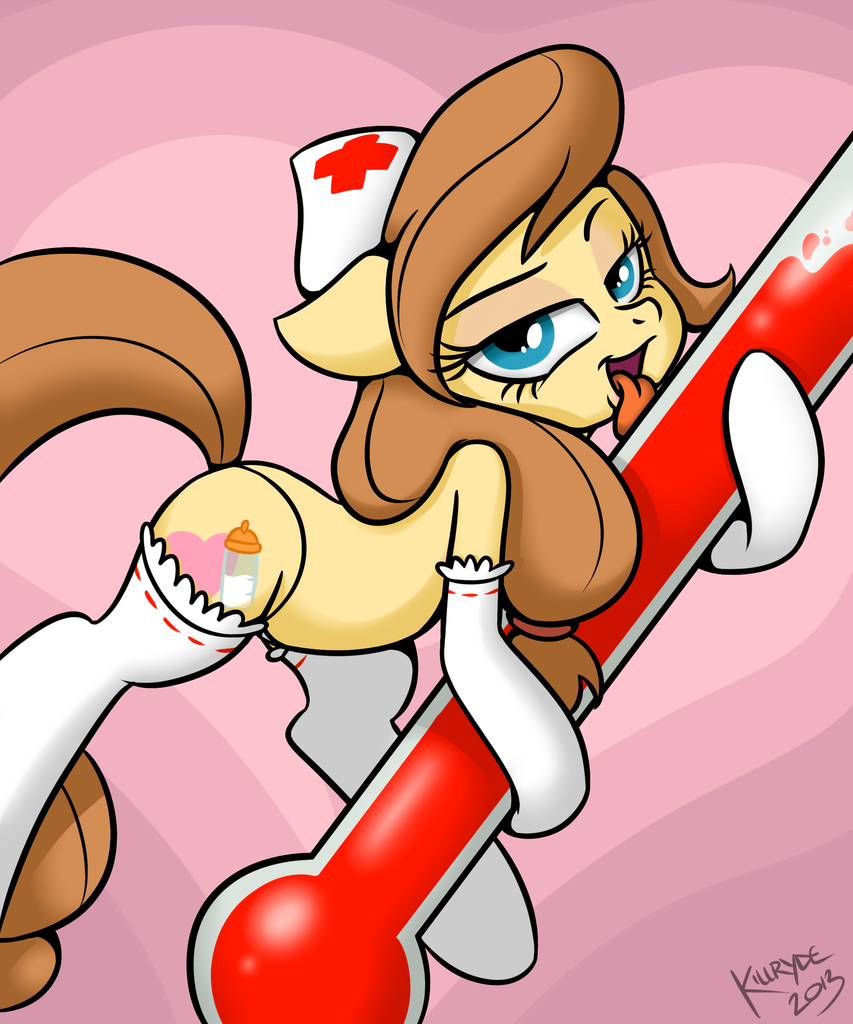&lt;3 blue_eyes brown_fur brown_hair button's_mom button's_mom clothing cutie_mark equine female feral friendship_is_magic fur hair hat horse killryde legwear licking long_hair looking_at_viewer mammal mother my_little_pony nurse nurse_uniform open_mouth original_character parent plain_background pony smile solo stockings thermometer tongue tongue_out