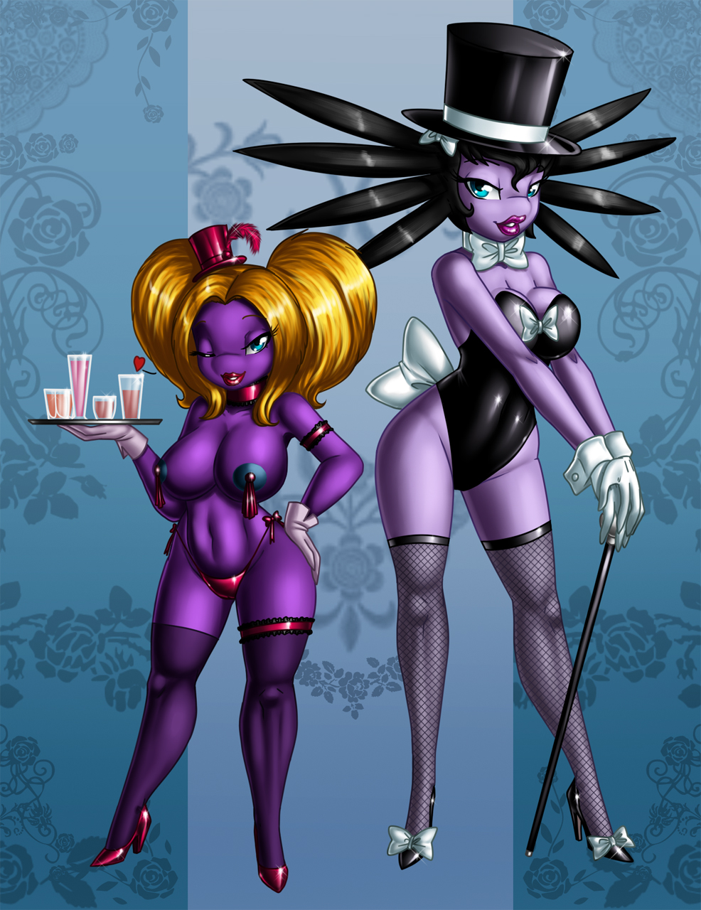 abstract_background anthro anthrofied armband big_lips blue_background bow bow_tie cane crovirus feather female fishnet gloves gothitelle hair_bow hat high_heels jynx legwear lips lipstick looking_at_viewer magician mini_top_hat nintendo one_eye_closed pasties pigtails plain_background pok&#233;mon pok&eacute;mon purple_skin ruffles size_difference stockings tassels teddy thigh_highs top_hat video_games waiter wide_hips wink