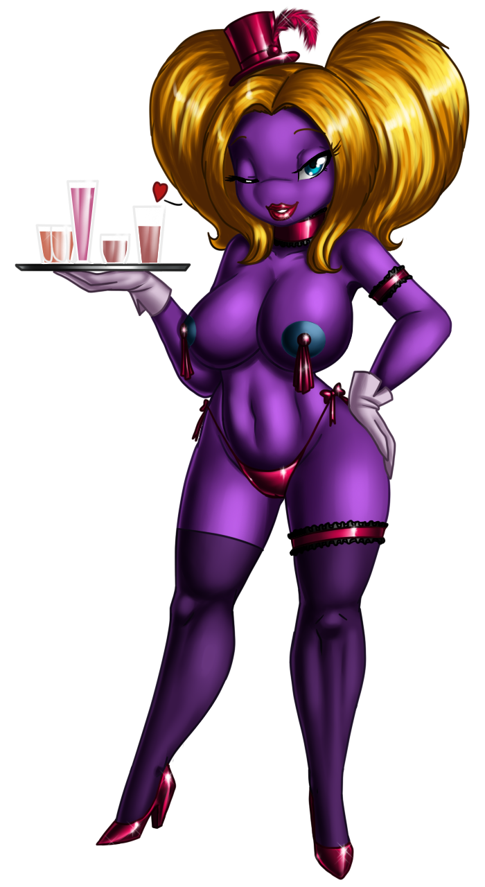 alcohol alpha_channel anthro anthrofied armband beverage big_breasts big_lips blonde_hair blue_eyes bow breasts crovirus feather female garter gloves hair hand_on_hip hat high_heels jynx legwear lipstick looking_at_viewer mini_top_hat neckband nintendo one_eye_closed pigtails pok&#233;mon pok&eacute;mon purple_skin solo stockings tassels top_hat tray video_games waiter white_cloves white_gloves wide_hips wink