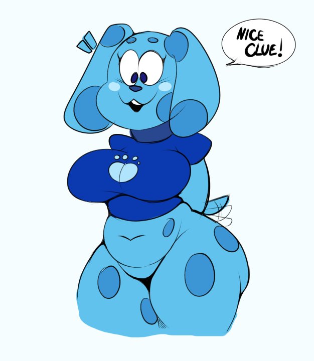 belly big_breasts blue's_clues blue_(blue's_clues) blue_eyes bottomless breasts canid canine canis cleavage clothed clothing deep_navel domestic_dog dongitos english_text eyelashes female floppy_ears looking_down mammal navel partially_clothed shirt slightly_chubby smile solo speech_bubble standing tailwag teeth text thick_thighs tight_clothing wide_hips