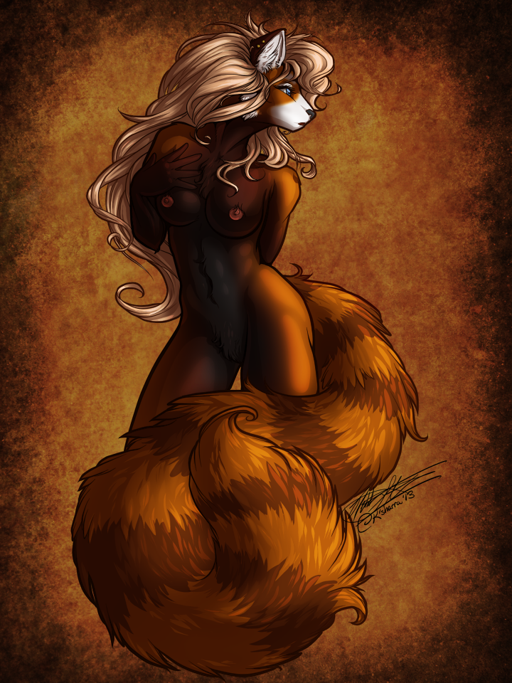 black_nose blue_eyes breasts chest_tuft ear_tuft female fur hair ksharra long_hair looking_away mammal nude open_mouth pink_nipple pubes red_panda solo tail_tuft tuft white_hair
