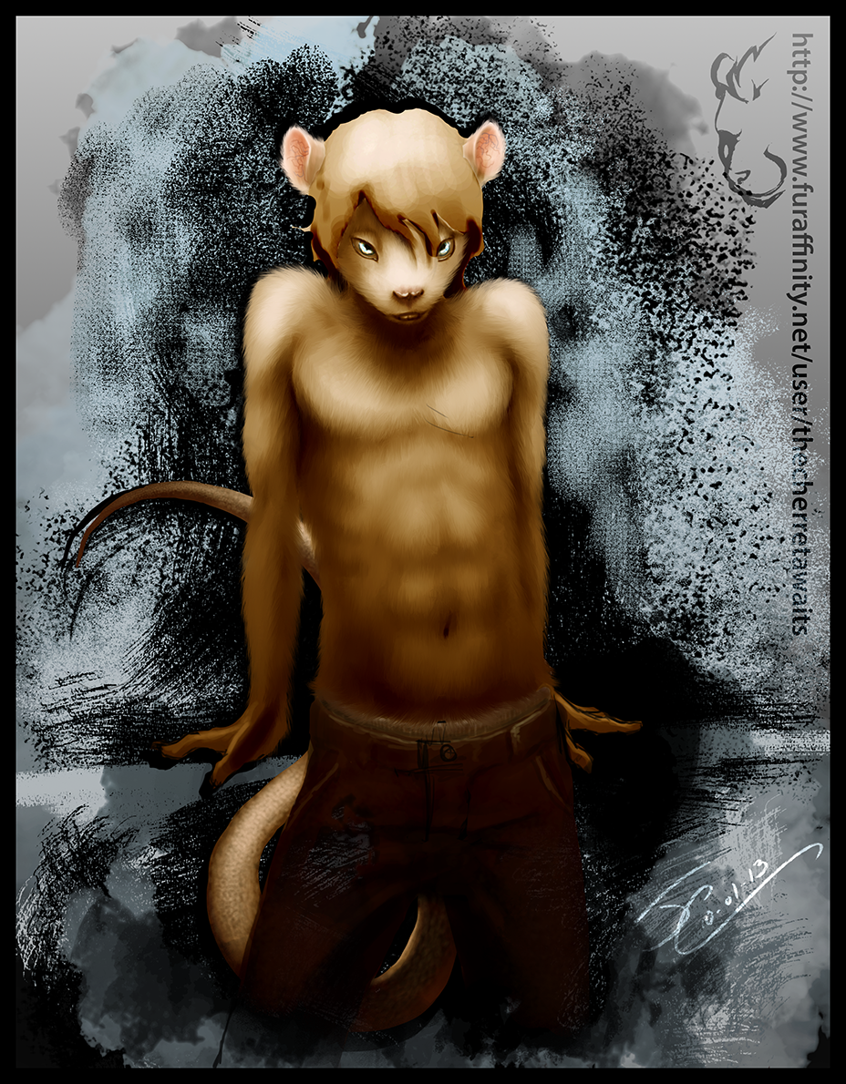 2013 abs brown_fur color front frontal_view fur hair jeans kneeling leaning light_eyes looking_at_viewer male mammal muscles navel pecs pink_nose rat rodent silver_eyes solo teeth the_cherret_awaits topless