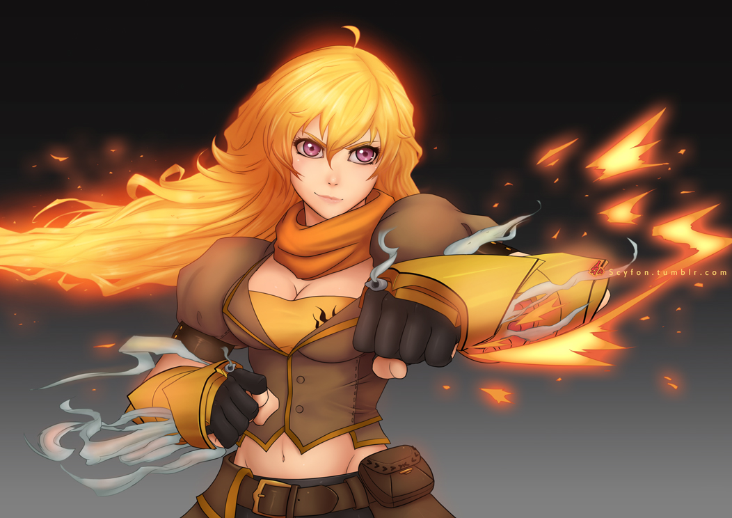 ahoge artist_name belt blonde_hair breasts cleavage clenched_hands fighting_stance fingerless_gloves fire gauntlets gloves glowing glowing_hair gradient gradient_background large_breasts long_hair pouch purple_eyes rwby scarf scyfon smirk smoke solo watermark web_address yang_xiao_long