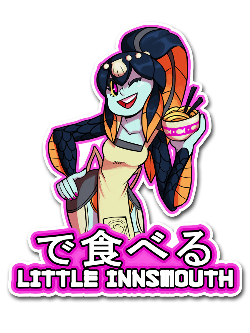 apron artist_request blue_skin bowl breasts chopsticks contrapposto fish_girl food hair_ornament hand_on_hip head_fins lab_zero_games logo minette_(skullgirls) monster_girl nail_polish noodles official_art one_eye_closed open_mouth pink_eyes ranguage scales shell skullgirls small_breasts smile solo standing waitress wide_hips yellow_sclera