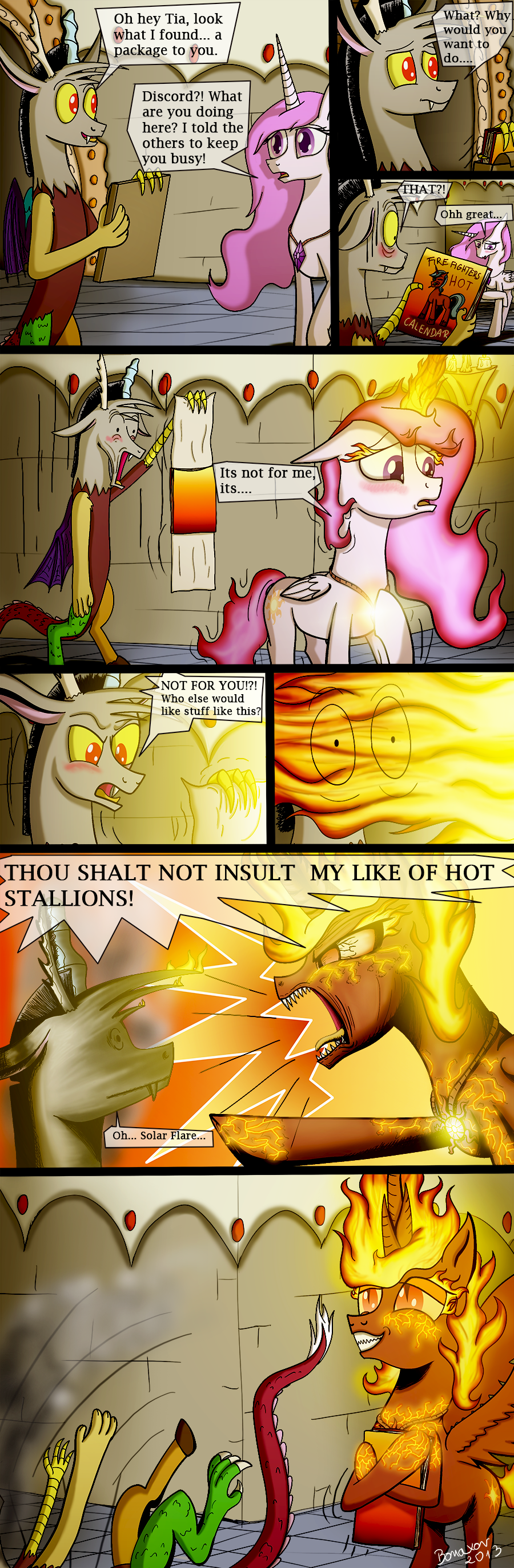 antler antlers bonaxor comic cutie_mark dialog discord_(mlp) draconequus duo english_text equine fangs female feral fire flames friendship_is_magic fur hair horn horse long_hair looking_at_viewer magazine magazine_cover male mammal my_little_pony necklace open_mouth pink_hair pony princess princess_celestia_(mlp) purple_eyes red_eyes red_fur royalty sharp_teeth shocked smile smoke solar_flare_(mlp) teeth text tongue white_fur winged_unicorn wings yelling young