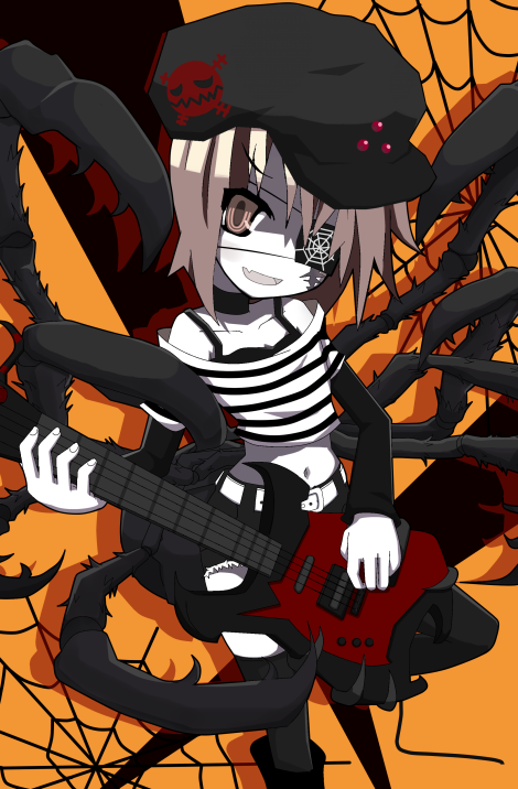 1girl arachne brown_eyes brown_hair eyepatch fangs female guitar hat insect_girl instrument monster_girl mukai_keiichirou navel original pale_skin scat shirt short_hair shorts smile solo spider_girl striped striped_shirt