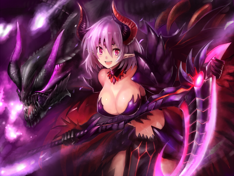 breasts cleavage edobox gore_magala gore_magala_(armor) horns large_breasts long_hair looking_at_viewer monster monster_hunter monster_hunter_4 pointy_ears purple_hair red_eyes scythe smile