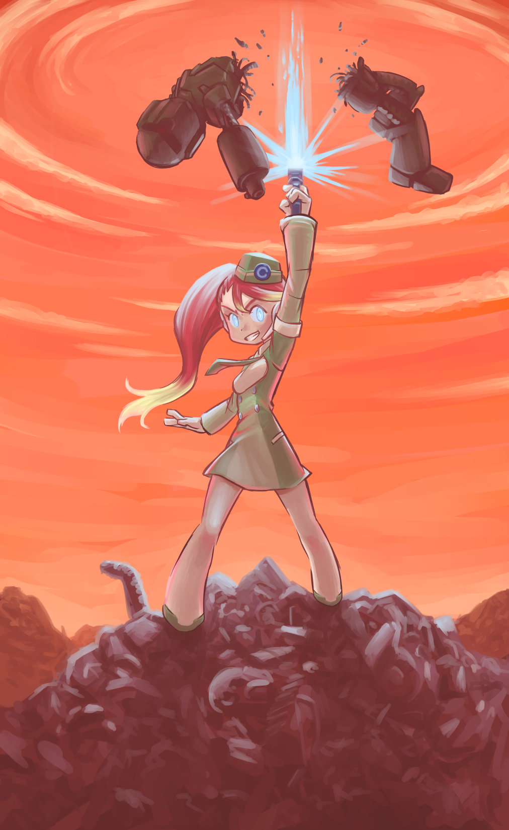 bare_legs blonde_hair blue_eyes breasts broken call_(mighty_no._9) call_e creator_connection crossover dress enmouno firing garrison_cap glowing glowing_eyes gun handgun hat highres junkyard long_hair mighty_no._9 multicolored_hair necktie pistol red_hair red_sky robot rockman rockman_x short_dress side_ponytail sky small_breasts two-tone_hair uniform vava weapon