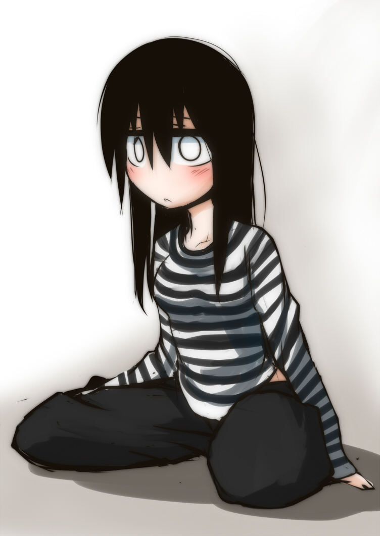 black_hair blush konohana_saku long_hair original shirt solo striped striped_shirt white_eyes