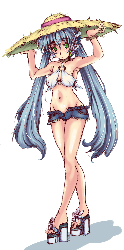 blue_hair breasts cleavage crossed_legs denim denim_shorts green_eyes halter_top halterneck hat high_heels hoshino_yumemi kamui_takeru legs long_hair medium_breasts midriff navel o-ring o-ring_top planetarian platform_footwear sandals shadow short_shorts shorts solo standing sun_hat twintails very_long_hair watson_cross