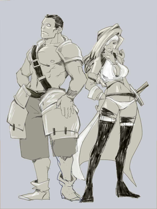 1girl adelbert_steiner armor beatrix blue_background breasts brown cape cleavage eyepatch final_fantasy final_fantasy_ix large_breasts monochrome mov panties pauldrons shirtless simple_background sketch thighhighs underwear