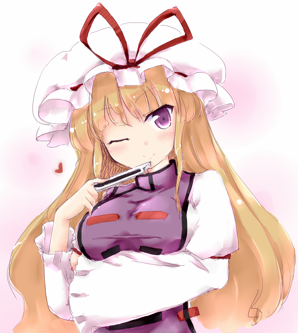 blonde_hair breast_lift breasts closed_fan coo dress fan folding_fan hat hat_ribbon heart juliet_sleeves large_breasts long_hair long_sleeves looking_at_viewer mob_cap one_eye_closed puffy_sleeves purple_eyes ribbon smile solo tabard touhou upper_body very_long_hair white_dress wide_sleeves yakumo_yukari