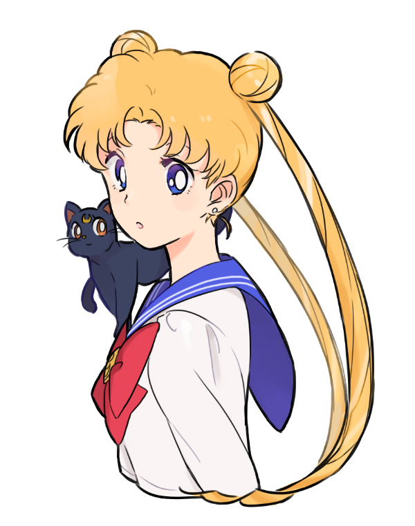 :o animal animal_ears animal_on_shoulder bishoujo_senshi_sailor_moon blue_eyes blue_sailor_collar bow cat cat_on_shoulder double_bun juuban_middle_school_uniform long_hair luna_(sailor_moon) miu_(pixiv106790) red_bow sailor_collar school_uniform serafuku tsukino_usagi twintails white_background