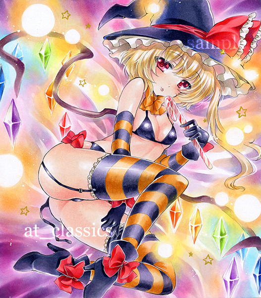 alternate_costume alternate_headwear at_classics blonde_hair candy candy_cane flandre_scarlet food garter_straps halloween hat looking_at_viewer marker_(medium) red_eyes sample short_hair side_ponytail solo striped striped_legwear thighhighs touhou traditional_media underwear underwear_only wings witch_hat