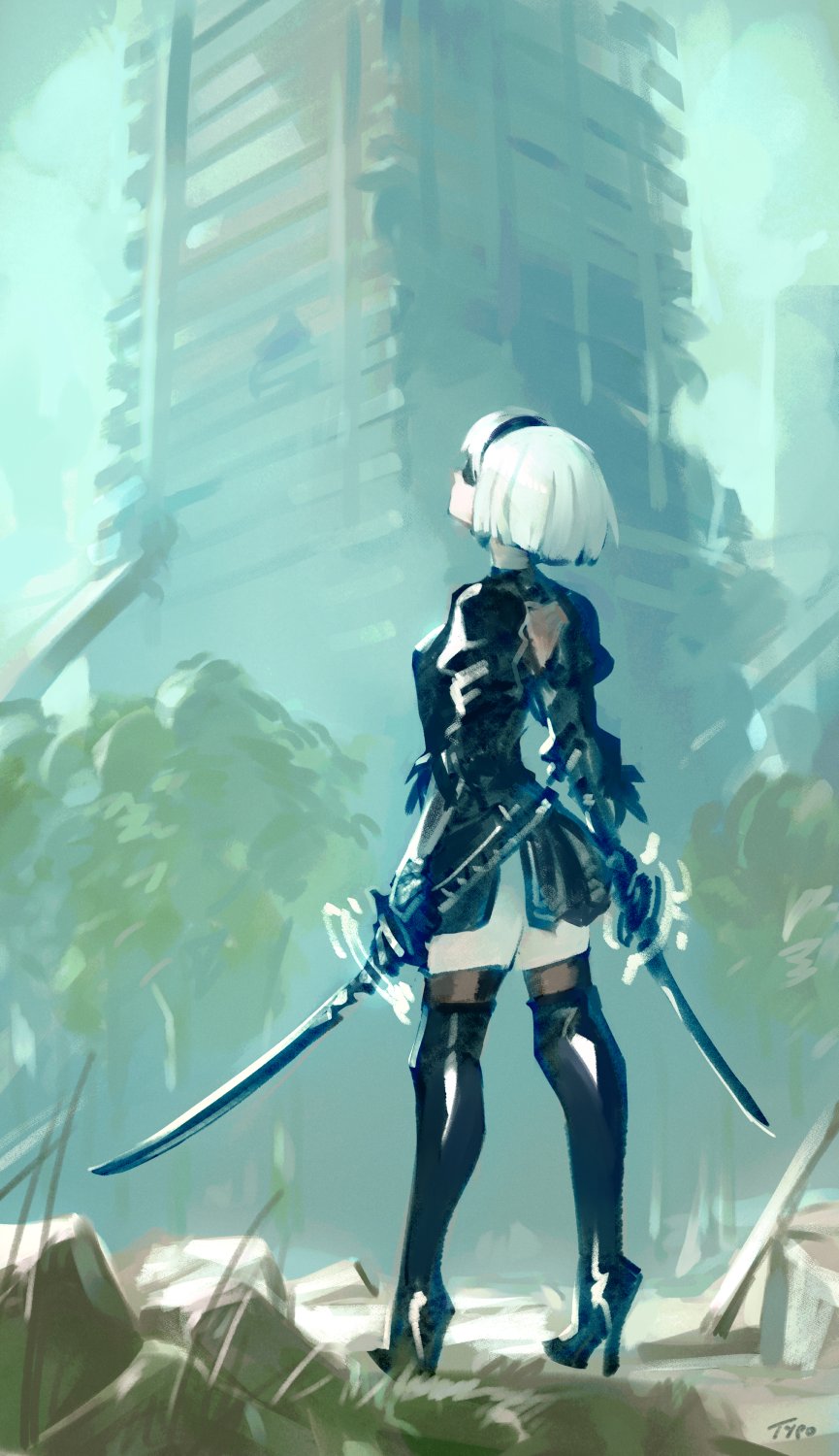 1girl back black_dress black_footwear black_legwear boots building dress feather-trimmed_sleeves full_body hairband high_heel_boots high_heels highres holding holding_weapon looking_afar looking_away nier_(series) nier_automata optionaltypo ruins signature sky solo standing sword thigh_boots thighhighs tree weapon white_hair yorha_no._2_type_b