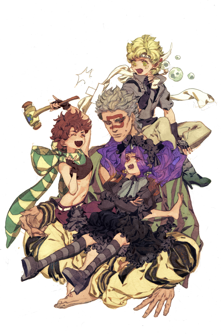 age_regression barefoot battle_tendency blonde_hair brown_hair bubble_pipe caesar_anthonio_zeppeli dima facial_mark fang gothic_lolita hammer highres jojo_no_kimyou_na_bouken joseph_joestar_(young) kars_(jojo) lolita_fashion multiple_boys pantyhose purple_hair scarf striped striped_legwear tattoo wamuu white_hair younger