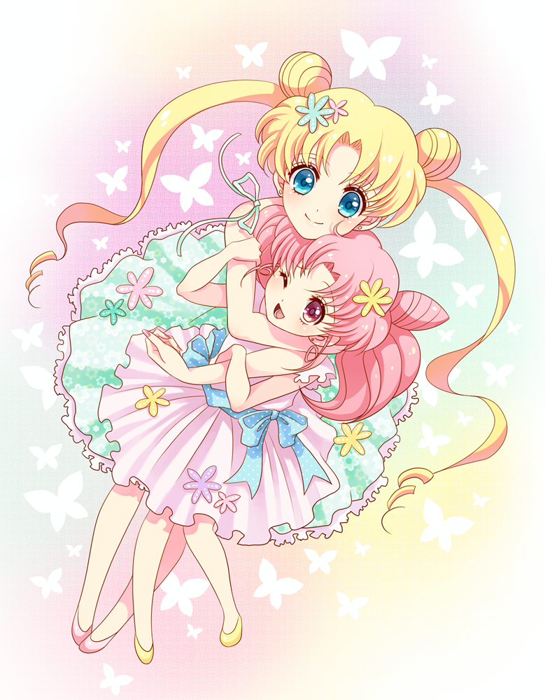 ;d alternate_costume back_bow bishoujo_senshi_sailor_moon blonde_hair blue_eyes bow bug butterfly chibi_usa double_bun flower full_body gradient gradient_background hair_flower hair_ornament hug insect long_hair multiple_girls one_eye_closed open_mouth petticoat pink_eyes pink_hair smile sora_(pikasora) tsukino_usagi twintails very_long_hair