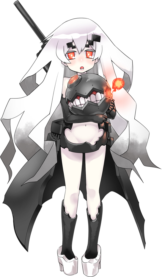 anchorage_hime elbow_gloves eyebrows gengorou gloves kantai_collection long_hair machinery monster navel open_mouth pale_skin platform_footwear platform_heels red_eyes shinkaisei-kan showgirl_skirt solo turret white_hair younger