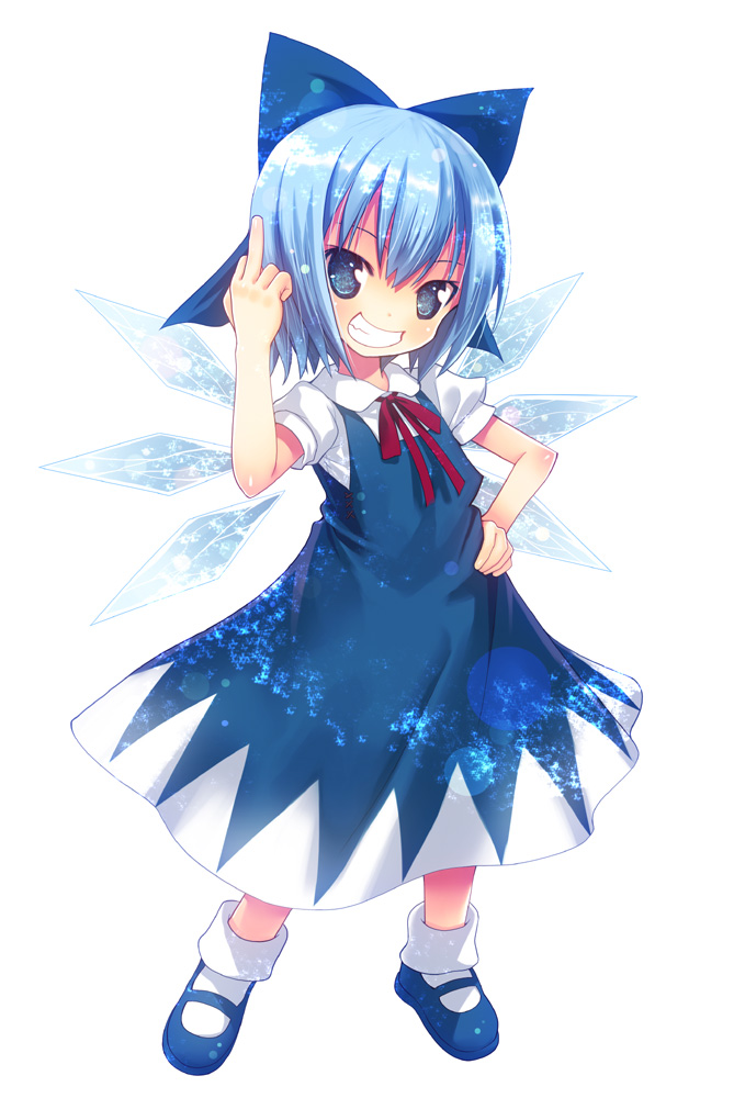 blue_dress blue_eyes blue_hair bow cirno dress grin hair_bow hand_on_hip ice ice_wings kiira looking_at_viewer mary_janes middle_finger puffy_sleeves shirt shoes short_sleeves smile solo touhou wings