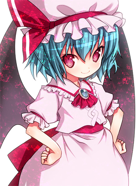 ascot bat_wings blue_hair bow brooch dress hands_on_hips hat hat_bow jewelry kiira mob_cap pink_dress pink_eyes puffy_sleeves remilia_scarlet sash short_sleeves smile solo touhou wings