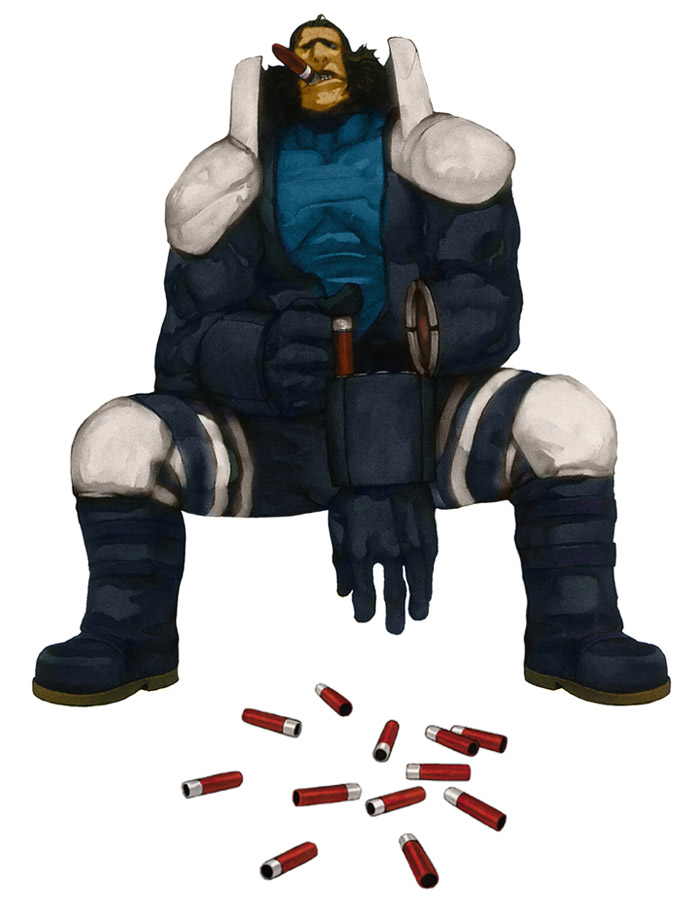 arm_cannon boots cigar concept_art cyborg full_body grimace high_collar knee_pads male_focus maxima nona nose official_art reloading shell_casing shoulder_pads sitting solo the_king_of_fighters the_king_of_fighters_2001 weapon white_background