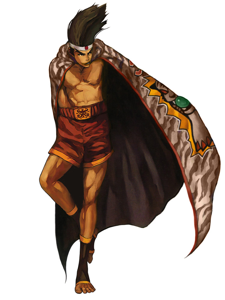 abs big_hair brown_hair cape dark_skin dark_skinned_male hachimaki hand_in_pants headband joe_higashi male_focus nona official_art pectorals shirtless shorts snk solo the_king_of_fighters the_king_of_fighters_2001 toeless_legwear toes white_background