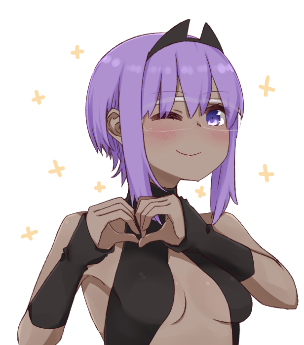 1girl ;) bare_shoulders black_leotard blush breasts fate/prototype fate/prototype:_fragments_of_blue_and_silver fate_(series) glasses hassan_of_serenity_(fate) heart heart_hands i.u.y leotard one_eye_closed purple_eyes purple_hair simple_background small_breasts smile solo upper_body white_background